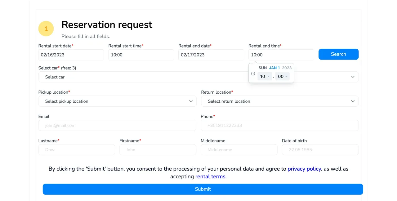 Formulario de reserva del sitio web